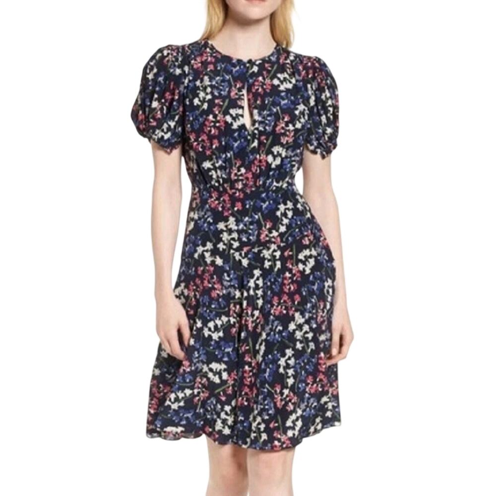 Lewit 100% Silk Floral Puff Sleeve Midi Dress Navy Night Flounce Size 8